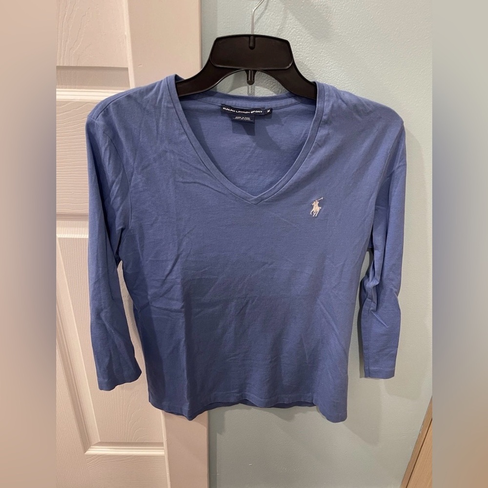 Polo Ralph Lauren Blue Color V-Neck T-shirt Women’s Sz Medium Long Sleeves